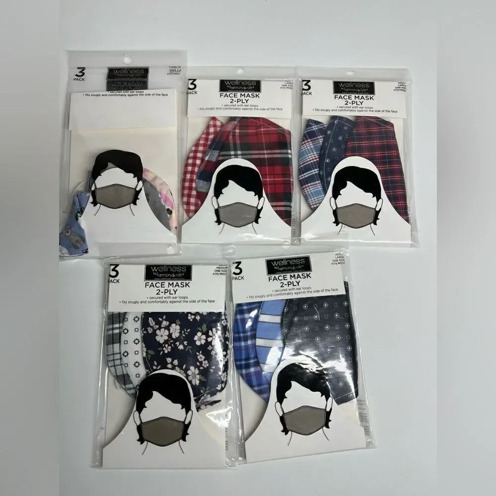 Bundle of 15 Face masks 2-ply 5 packs/ 1 kids size, 3 adult size L, 1 adults M